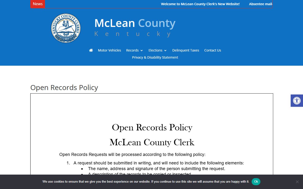 McLean County Circuit Court Clerk page with County Clerk open records policy